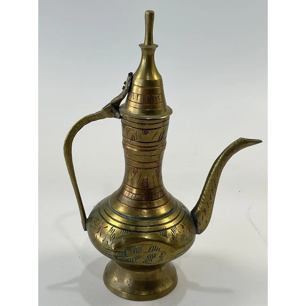 Vintage Brass Atfaba Handcrafted Etched Designs Middle Eastern Indian Pitcher
